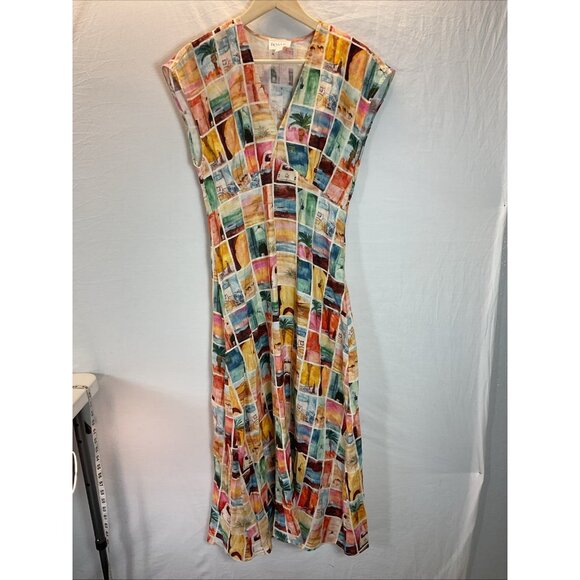 ROAME Raphia V Neck Midi Linen Dress Casablanca Print size 1 US SM - Picture 4 of 12